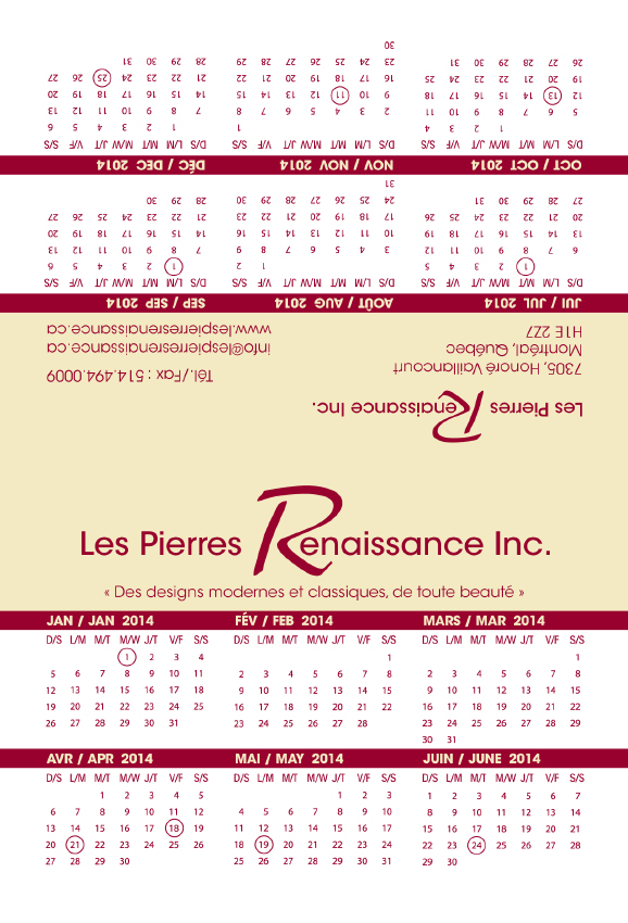 Les Pierres Renaissance - calendrier 4 x 6